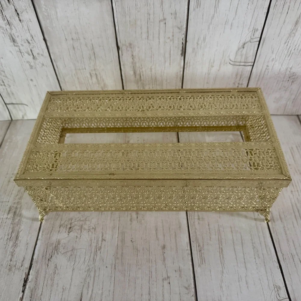 Vintage Gold Filigree Tissue Box Cover Hollywood Regency Metal Footed Ornate MCM